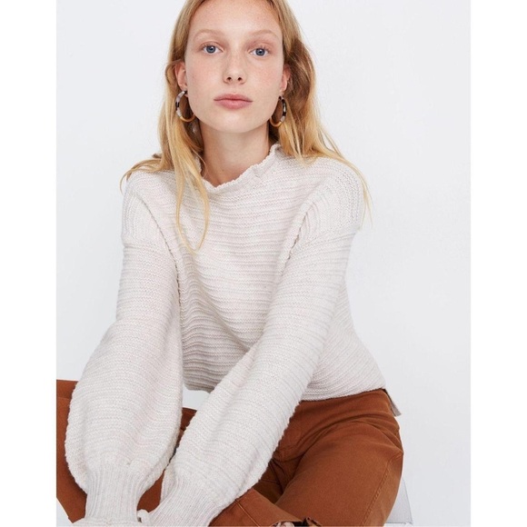 Madewell Sweater Heather Oat Cream Pullover Ruffle Neck Marino Wool Blend Large - Picture 1 of 12